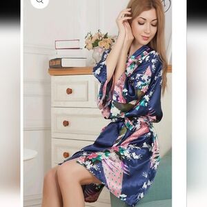 Aibrou Short Floral Blue Kimono Robe Satin With Belt Closure- L NWT